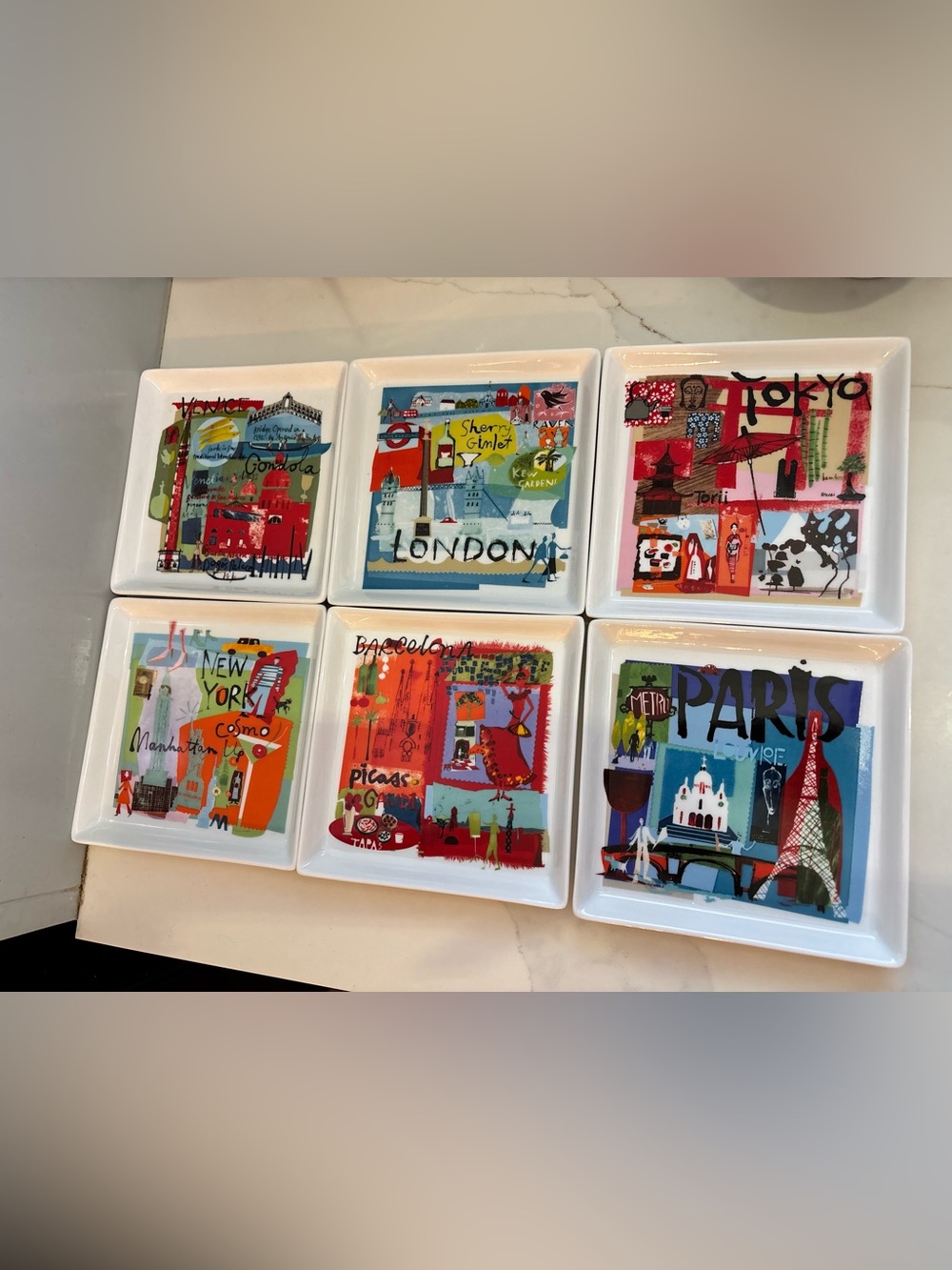 Crate & Barrel Cityscape Square Appetizer Plates Set of 6 City Scenes Ceramic
